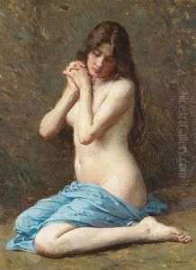 A Seated Nude With A Blue Drape by Alexandre Jacques Chantron