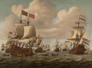 Engelse en Hollandse schepen wisselen saluutschoten uit Engelse en Hollandse schepen wisselen saluutschoten uit
