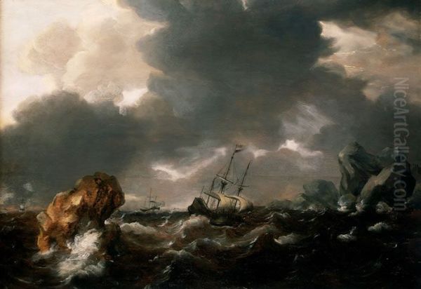 A Dutch Merchant Ship Running Between Rocks in Rough Weather - view 1