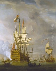 Le HMSRoyal Sovereign, vaisseau de 100 canons lance en 1701, saluant le yacht royal.