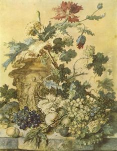 Flowers in an urn decorated with figures surrounded by fruit on a plinth by Jan Van Huysum