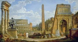 Capriccio of Roman Ruins with the Colosseum by Giovanni Paolo Panini