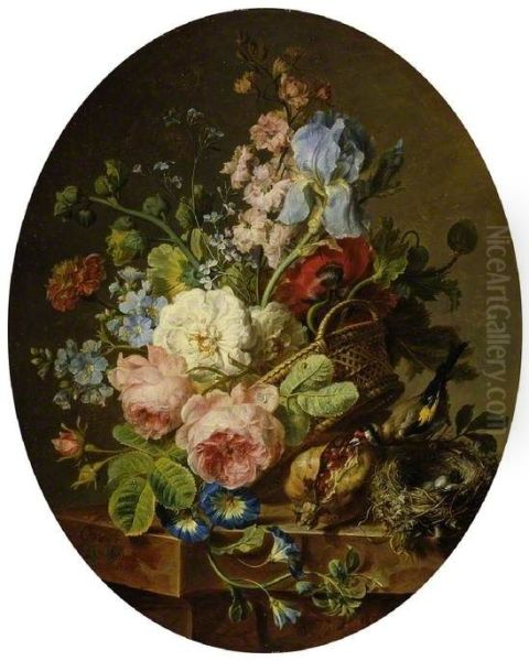 Open wicker basket of mixed flowers, including iris, roses, poppies, hollyhock, marigold, larkspur and convolvulus on a marble ledge with an open pomegranate and a goldfinch with its nest - view 1