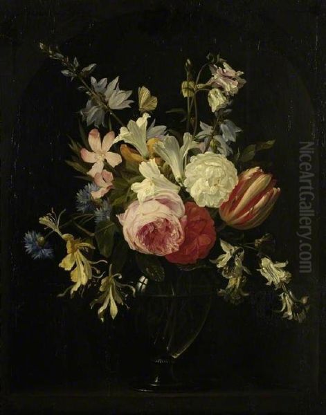 Roses, tulips and other flowers in a glass vase in a niche - view 1