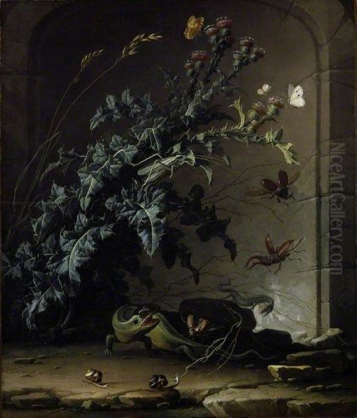 Stone niche with thistle, lizard and insects - view 1