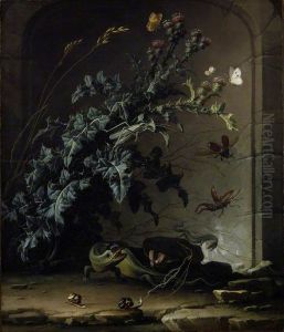 Stone niche with thistle, lizard and insects