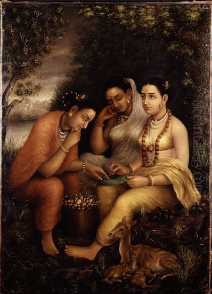 Shakuntala writing a love letter on a lotus leaf - view 1