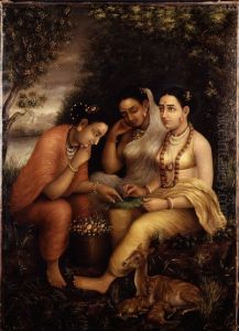 Shakuntala writing a love letter on a lotus leaf by Raja Ravi Varma