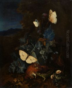 Still life with a thistle, boletus, snail, lizard, butterflies and a bee in a mountainous landscape