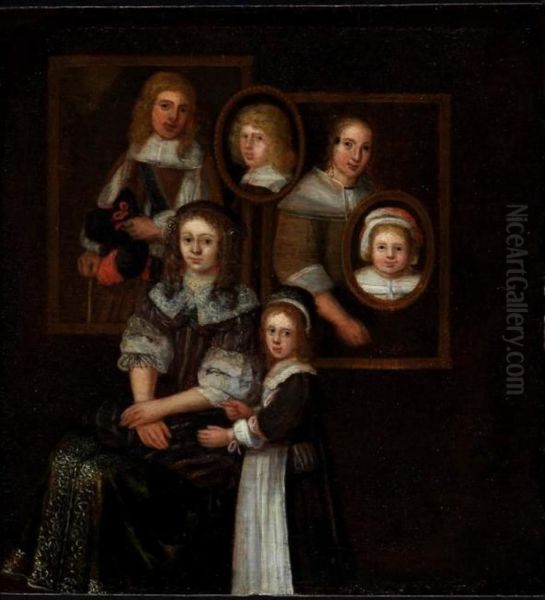Double portrait of a young woman and a little girl, four portraits in the background - view 1