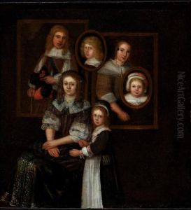 Double portrait of a young woman and a little girl, four portraits in the background by Abraham Willaerts