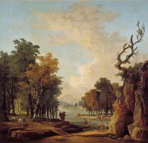 Wooded River Landscape with a Traveller, a Barking Dog, a Horseman, and Women Washing at an Islet