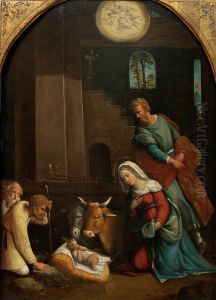 The Adoration of the Shepherd, with the Annunciation to the Shepherds beyond by Benvenuto Tisi