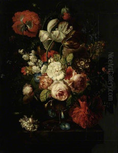 Bloemstilleven in een vaas op een stenen plint Bloemstilleven in een vaas op een stenen plint