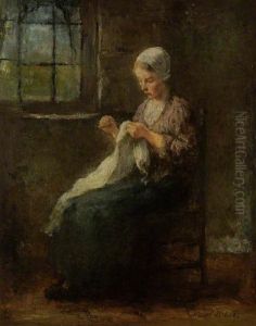 A Young Girl Sewing, Seated at a Window by Jozef Israels