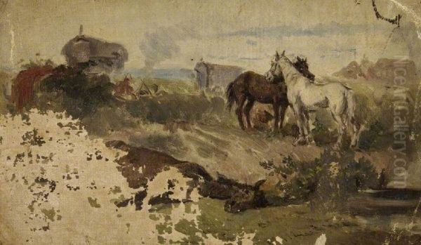 Horses in a Field with Gypsies and a Caravan - view 1
