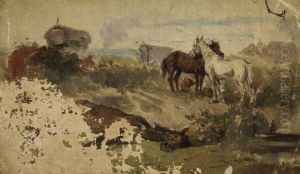 Horses in a Field with Gypsies and a Caravan by Eyre Crowe