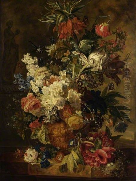 Bloemstilleven op een stenen plint, in een gebeeldhouwde vaas, op de achtergrond links een beeld van Flora - view 1