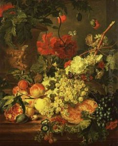 Stilleven met bloemen en vruchten op een stenen plint, op de achtergrond een terracotta vaas by Jan Van Huysum