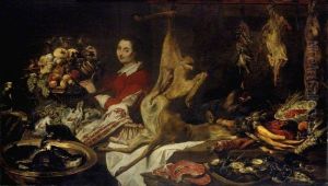 A maid in the storage room holding a basket with fruit by Frans Snyders