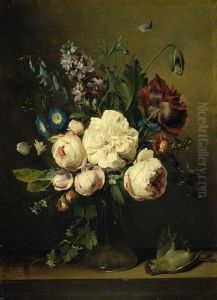 Vase with flowers and dead bird on a marble ledge