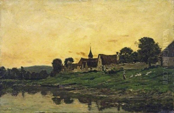 Village on a River, Sunset - view 1