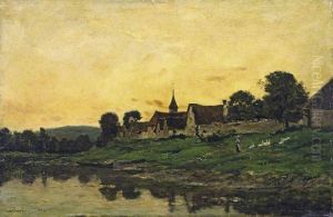 Village on a River, Sunset by Charles-Francois Daubigny