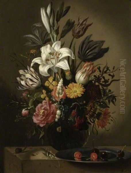 Vase of flowers and a pewter plate with cherries, with a grasshopper and a snail, on a stone ledge - view 1