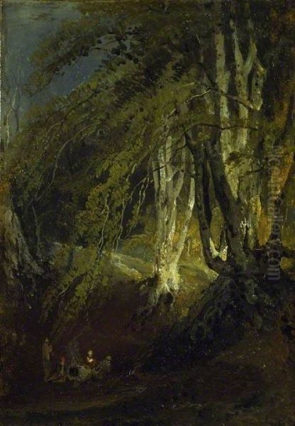 A Beech Wood with Gypsies round a Campfire - view 1