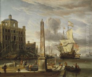 Italianate Harbour View with a Fantasy Building and Man-of-War by Abraham Storck