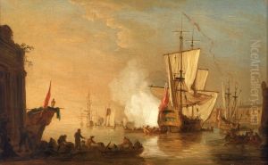 An English Man-of-War Firing a Salute by Samuel Scott