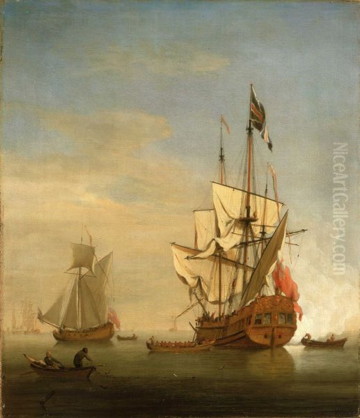 An English Sixth-Rate Ship Firing a Salute As a Barge Leaves; A Royal Yacht Nearby - view 1