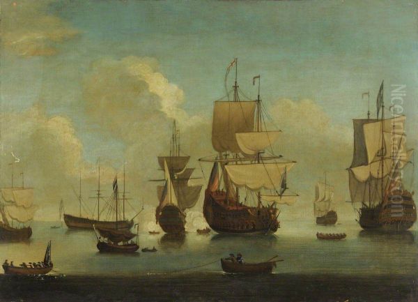 English warships at anchor in a calm, drying sails - view 1