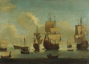 English warships at anchor in a calm, drying sails
