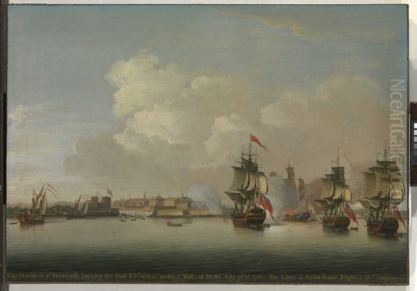 HMS Monmouth burning the French frigate Rose, 1 July 1758 - view 1