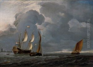 Two Dutch vessels and a flagship under sail in a harbour