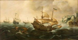 Dutch Ships sailing off a Rocky Shore
