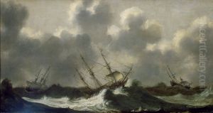 Ships in a gale by Claes Claesz. Wou