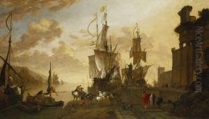 Italianate harbour scene with the monument of Ferdinand I de' Medici at Leghorn by Hendrik van Minderhout