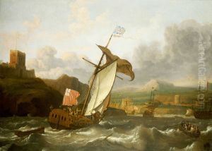 An English yacht sailing into an imagined British harbour by Ludolf Bakhuizen