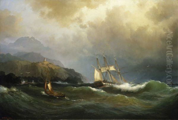 A frigate clawing off a rocky coast - view 1