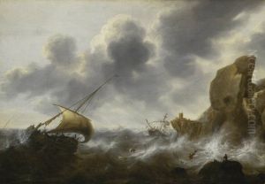 A Fishing Boat off a Rocky Coast in a Storm with a Wreck by Jacob Adriaensz Bellevois