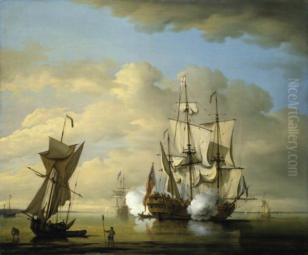 A Man-of-War Firing a Gun at Sundown - view 1