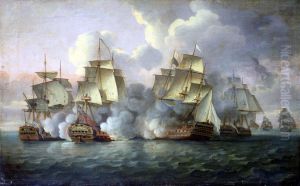 HMS 'Mediator' engaging French and American vessels, 11-12 December 1782 by Thomas Luny