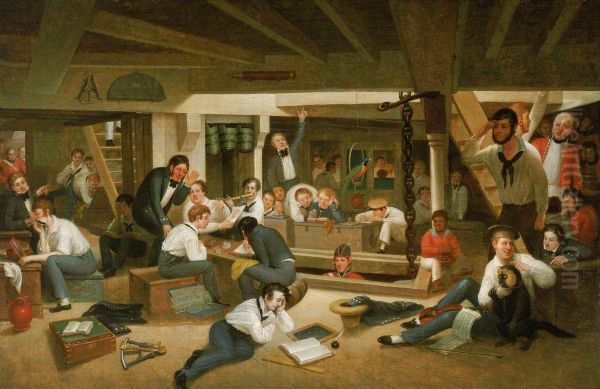 Life on the ocean, representing the usual occupations of the young officers in the steerage of a British frigate at sea - view 1