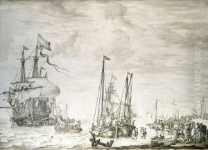 A Dutch flagship, thought to be the Eendracht at anchor close in by Willem van de, the Elder Velde