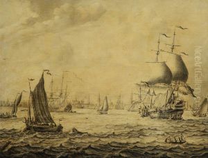 Dutch merchantmen and small craft in a roadstead