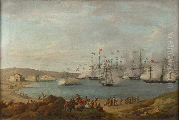 The international squadron carrying Prince Otto of Bavaria to become King of Greece firing a salute off Nafplio, February 1833 - view 1