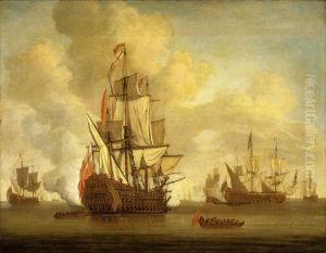 an English two-decker with sails loosed firing a salute by Willem van de, the Elder Velde