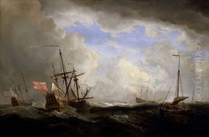 An English ship and a hooker at sea in a gale with other ships by Willem van de Velde the Younger